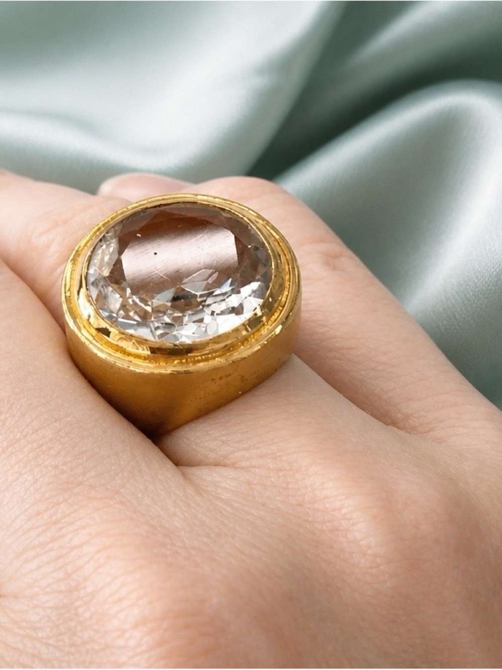 Designer Dean Davidson huge 22ctw round clear quartz. 22k brushed gold setting.